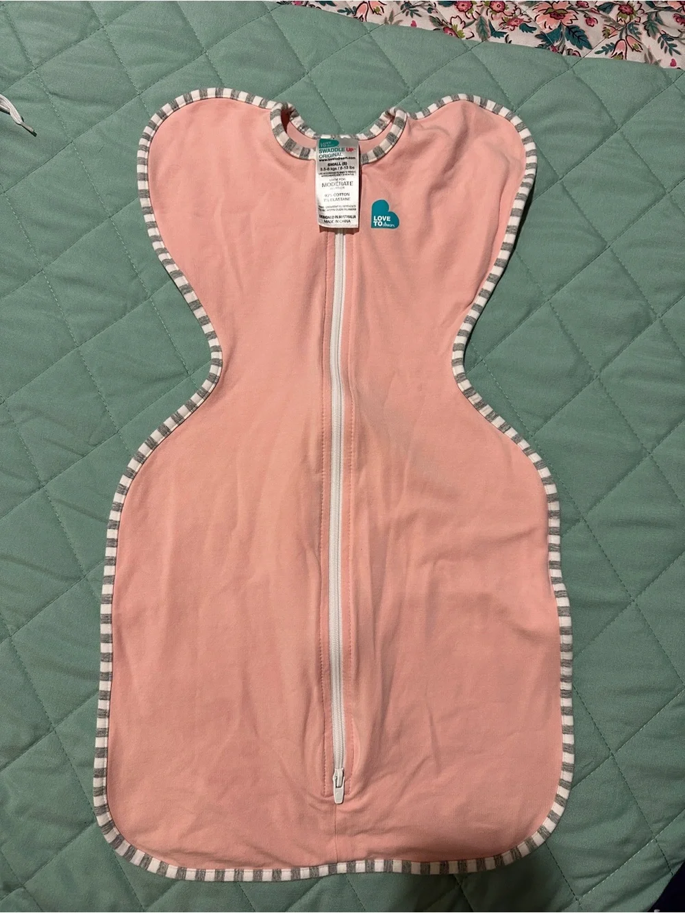 Love to Dream Pink Swaddle Sleep Sack with Gray-Striped Trim